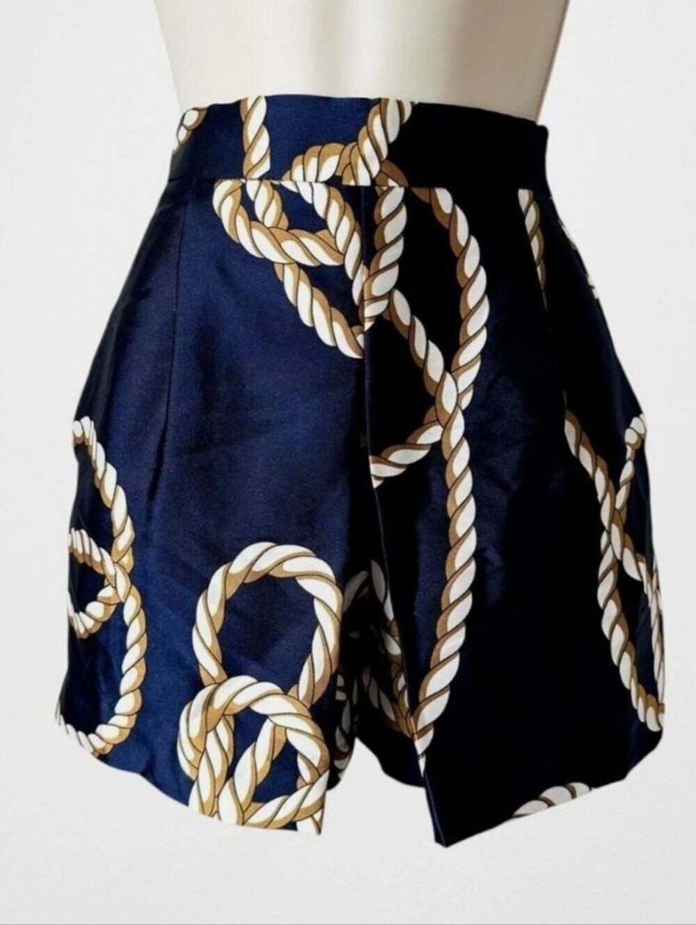 Zara Knot Print Navy Blue White High Waist Pleated Shorts Nautical Style, Sz XL - Picture 7 of 16